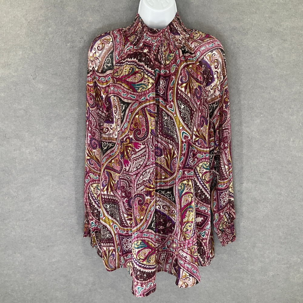Chico's Paisley Print Long Sleeve Blouse Sz 3 US XL Mock Neck Multicolor Career